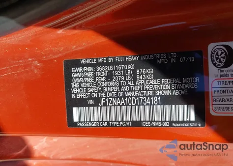 2013 Scion Fr-S из США, поврежденный, VIN JF1ZNAA10D1734181